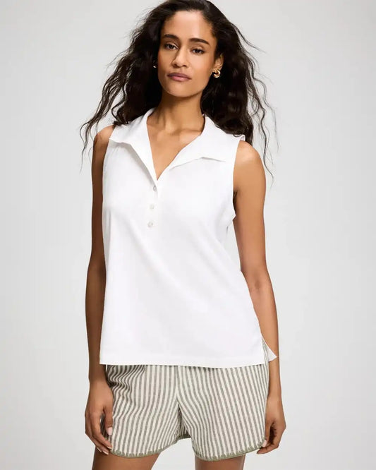 Beach Cotton Relaxed Sleeveless Collared Henley Top