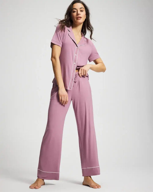 Piped Short Sleeve Notch Collar Pajama Top