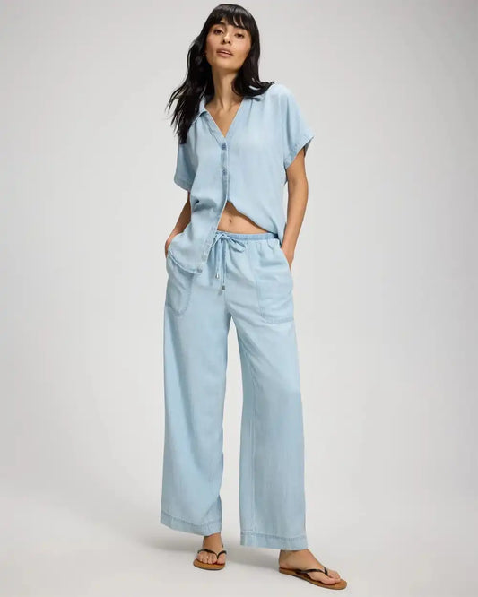 Chambray Relaxed Wide-Leg Pants